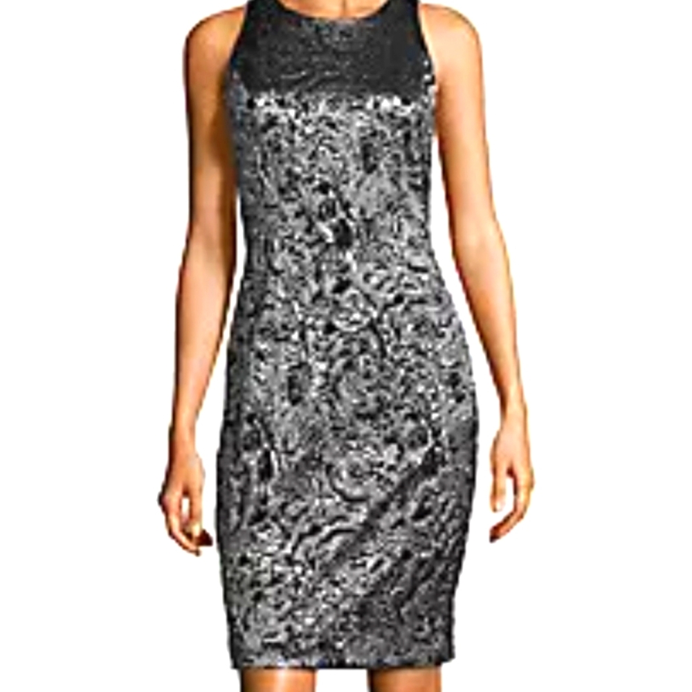 Carmen Mark Valvo vintage black with silver metallic sheath dress. Size 8
